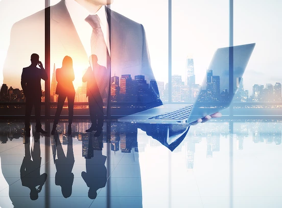 Business professionals standing in a modern office with a city skyline and laptop overlay, representing digital transformation, leadership, and corporate innovation.